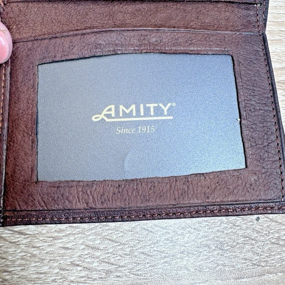 Vintage Amity Brown Genuine Leather Eagle Embossed Bifold ID Wallet